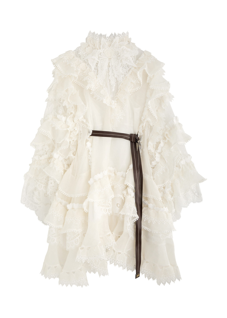 Zimmermann Crush Belted Ruffled Linen-blend Mini Dress - Ivory - M (UK12 / M)