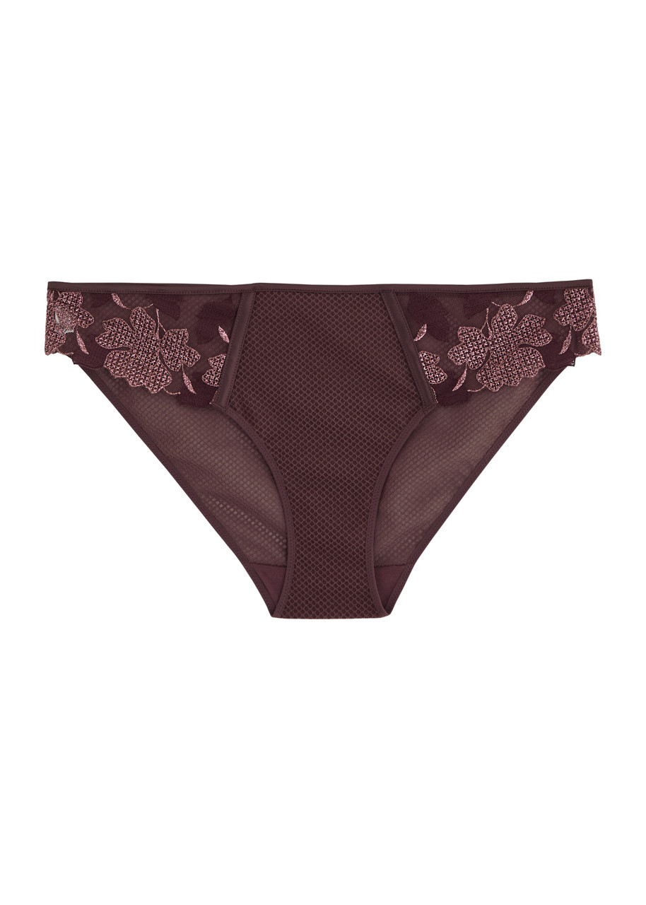 Simone PÉRÈLE Dahlia Floral-embroidered Tulle Briefs - Dark Red - 3 (UK 12 / M)