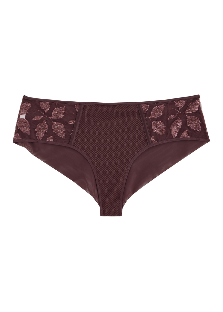 Simone Perele Simone Pérèle Dahlia Floral-embroidered Tulle Briefs In Dark Red