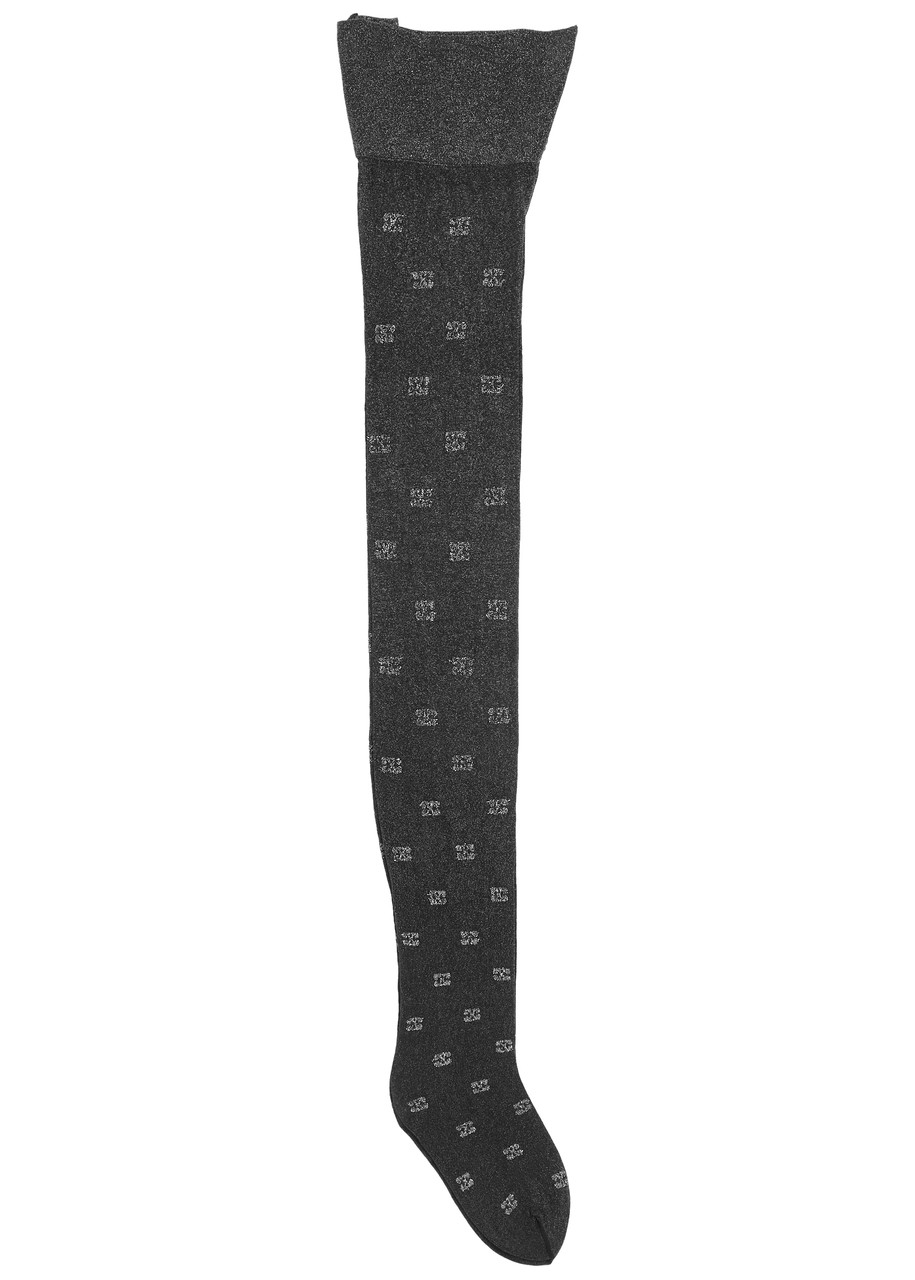 Ganni Butterfly Logo Glittered Tights In Black