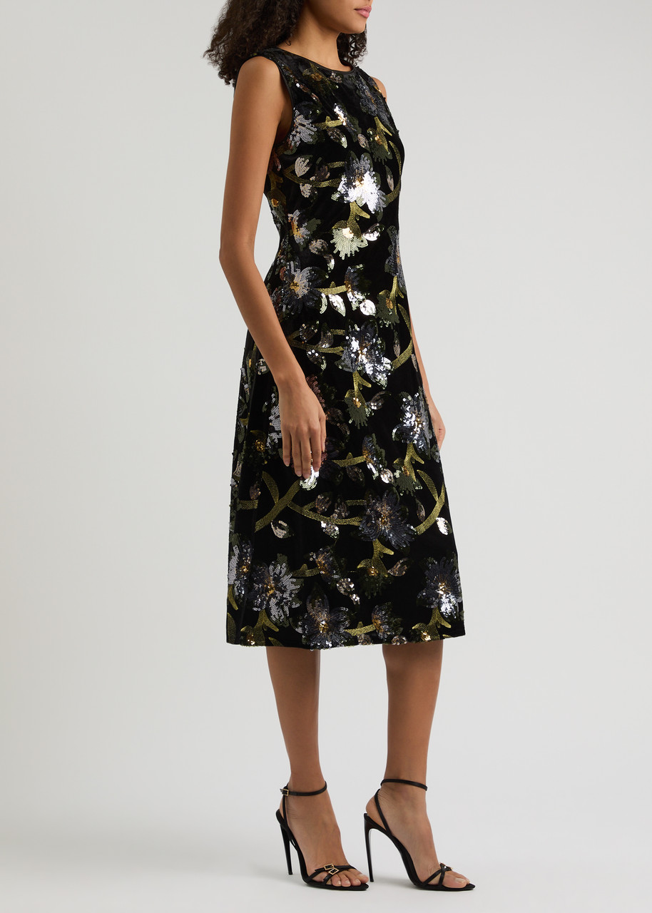 Diane Von Furstenberg Coral Sequined Floral Midi Dress In Black