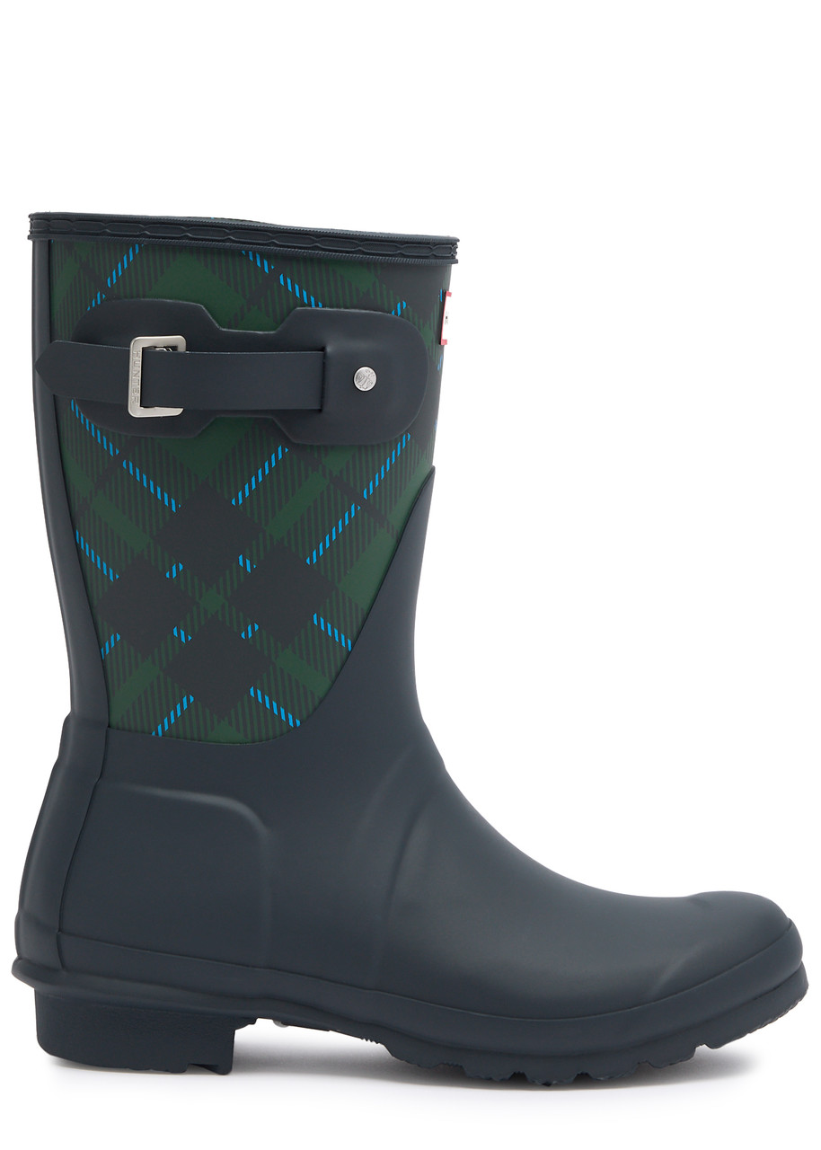 Hunter Original Short Checked Rubber Wellington Boots In Navy