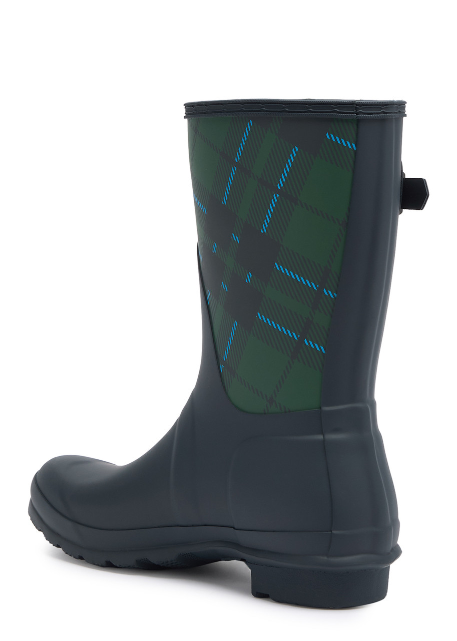 Hunter Original Short Checked Rubber Wellington Boots In Navy