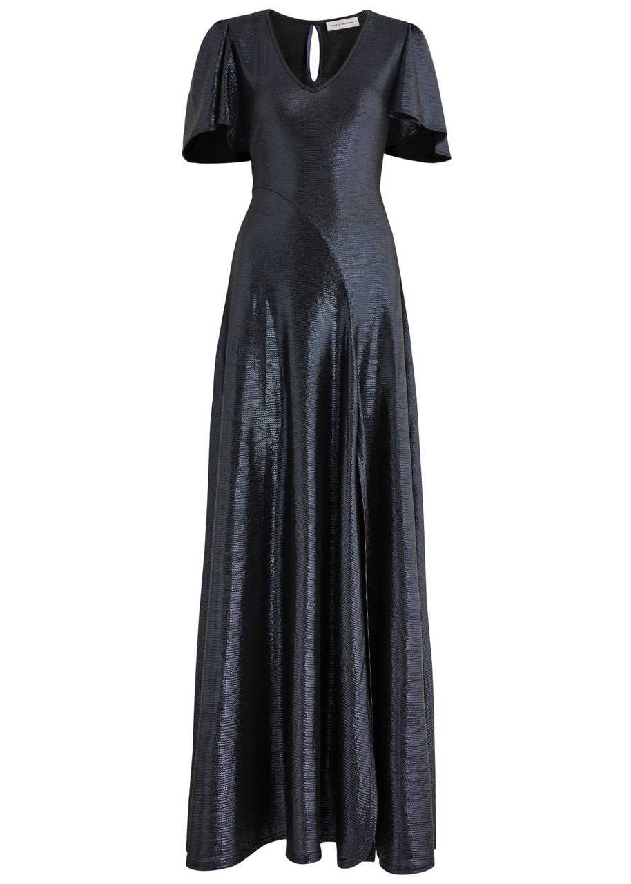 Luxe DE Valentina Fluted Como Metallic-voile Maxi Dress - Navy