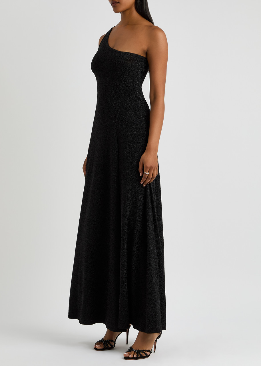 Luxe De Valentina Como One Shoulder Lamé Maxi Dress In Black