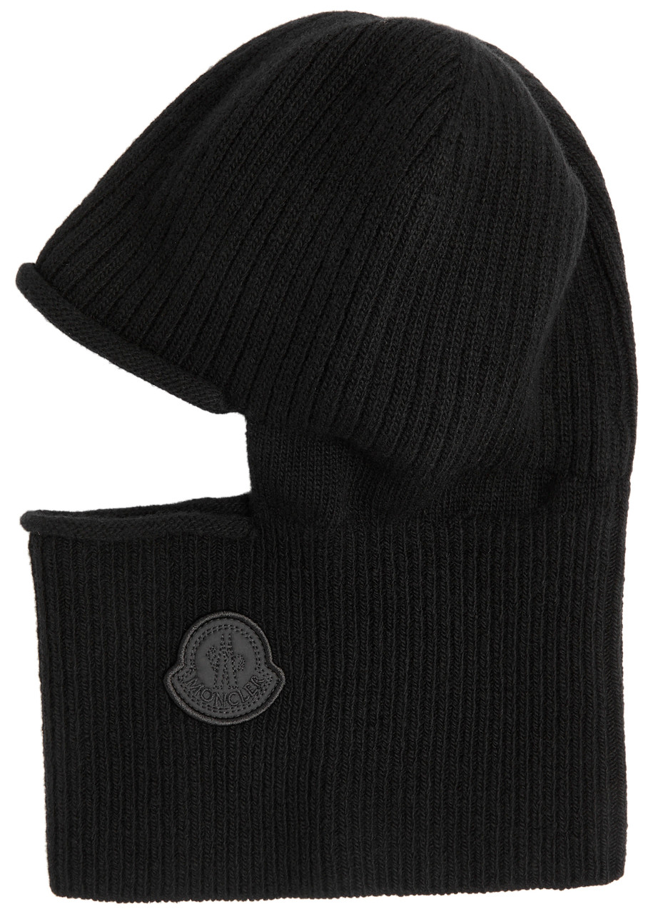 Moncler Logo Ribbed Wool-blend Balaclava In Black