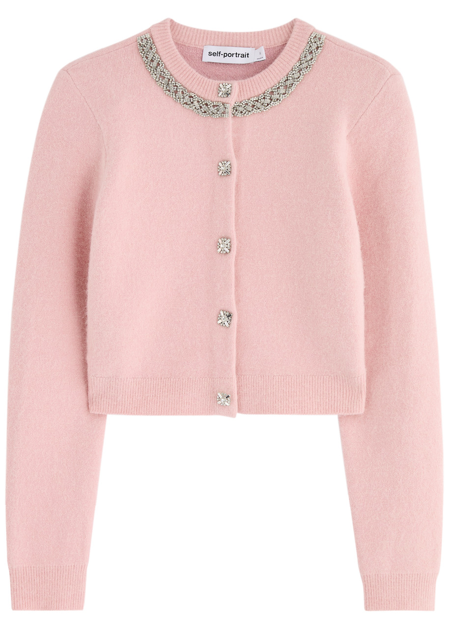 Self-portrait Crystal-embellished Knitted Cardigan - Pink