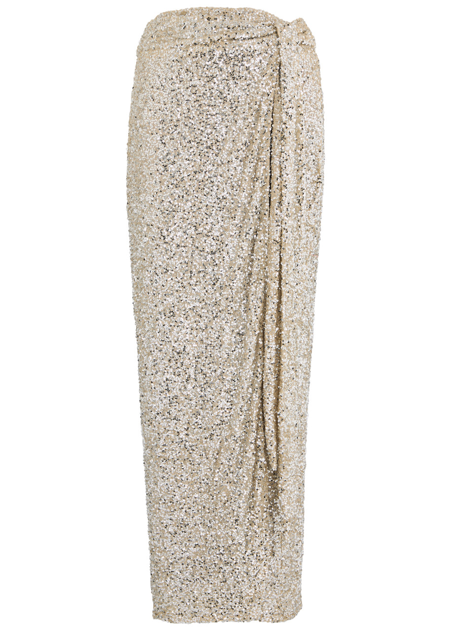 Never Fully Dressed Jaspre Sequin Midi Wrap Skirt In Silver