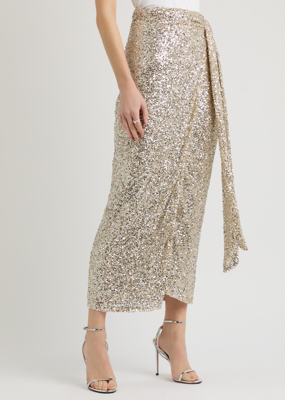 Never Fully Dressed Jaspre Sequin Midi Wrap Skirt In Silver