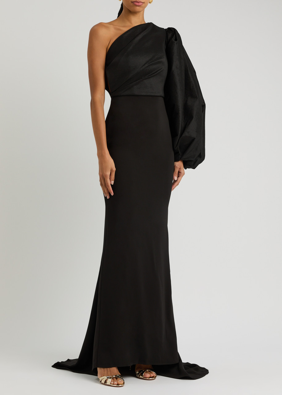 Solace London Ivy One-shoulder Taffeta And Crepe Gown In Black