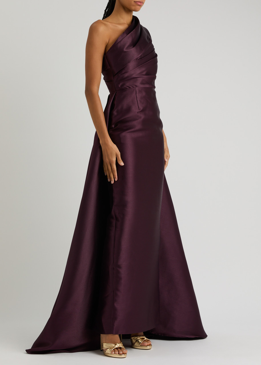 Solace London Alba One-shoulder Draped Satin Gown In Aubergine