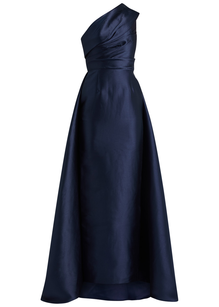 Solace London Alba One-shoulder Draped Satin Gown - Navy - 4 (UK8 / S)