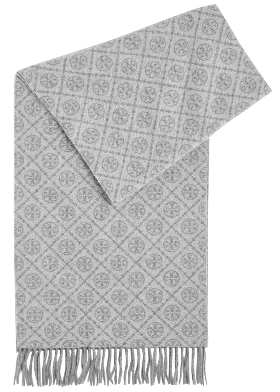 Tory Burch Logo-monogrammed Wool-blend Scarf In Grey