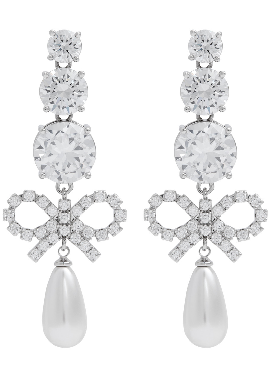 Self-portrait Crystal-embellished bow Drop Earrings - Silver - One Size