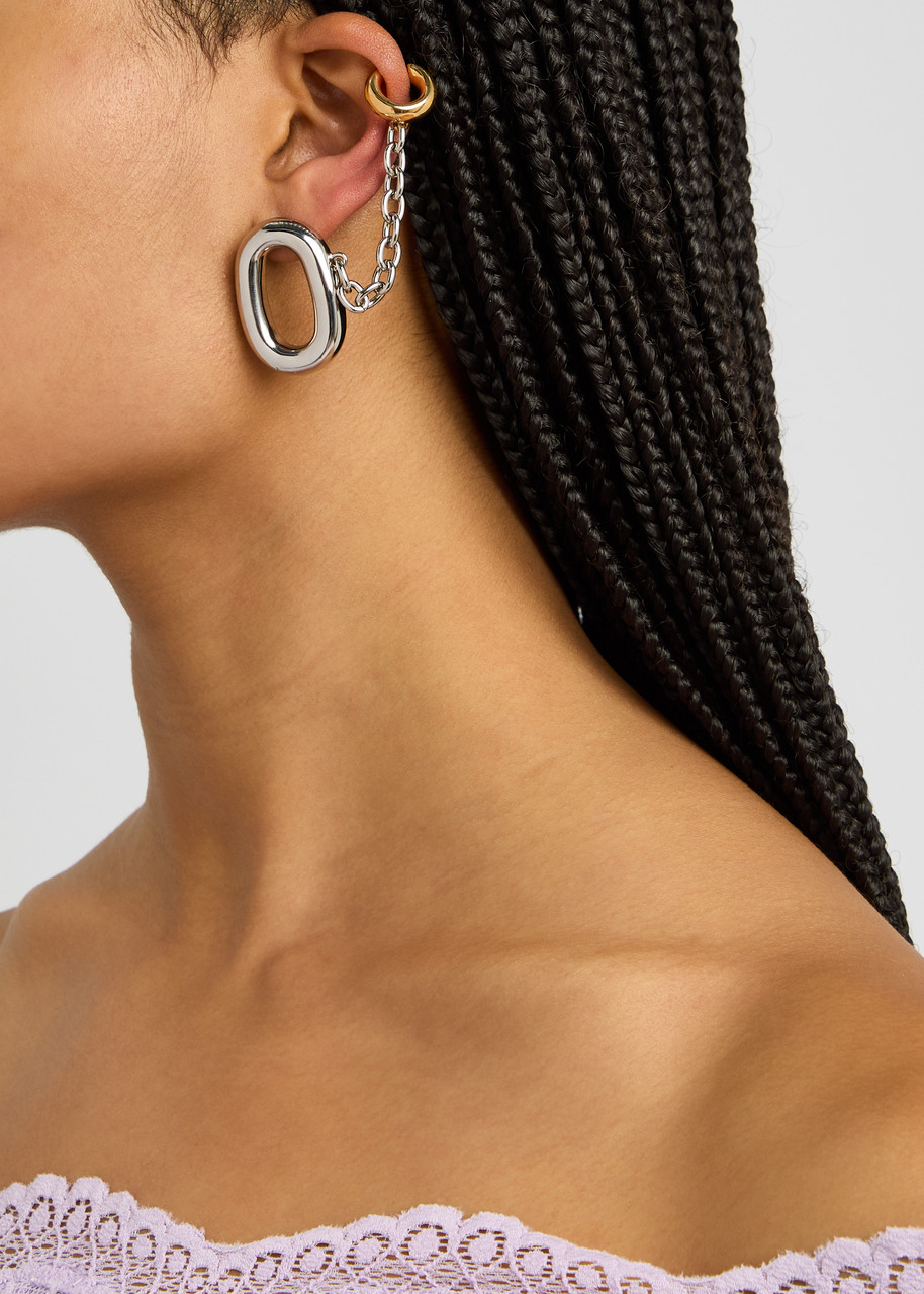 Rabanne Xl Link Asymmetric Two-tone Hoop Earrings In Silver