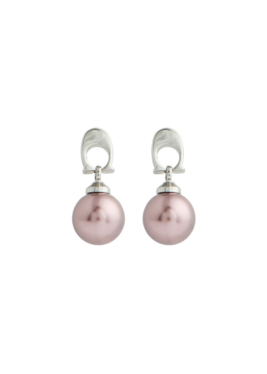 Coach Logo Faux Pearl Drop Earrings - Silver - One Size