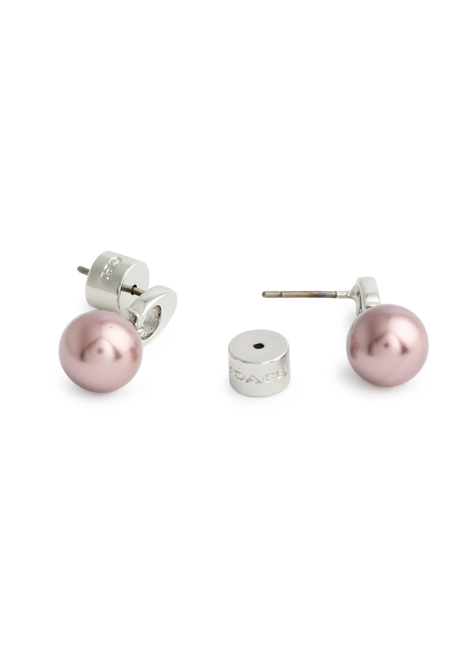  Coach Logo Faux Pearl Drop Earrings - Silver - One Size 