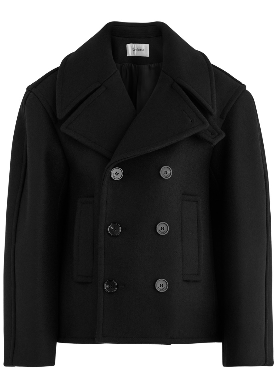 Saint Laurent Black Double-breasted Coat With Classic Wide Revers In Wool Woman In Black