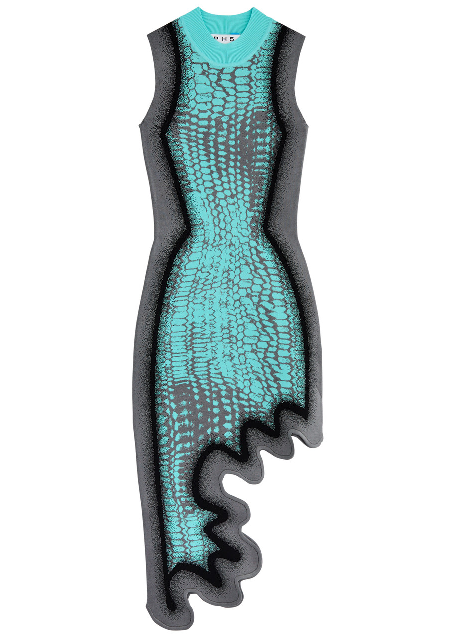 PH5 Brooklyn Wavy Asymmetric Knitted Mini Dress - Blue - M (UK12 / M)