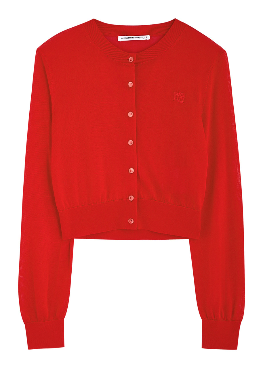 Alexander Wang T Alexanderwang.t Logo-embroidered Cropped Fine-knit Cardigan In Red