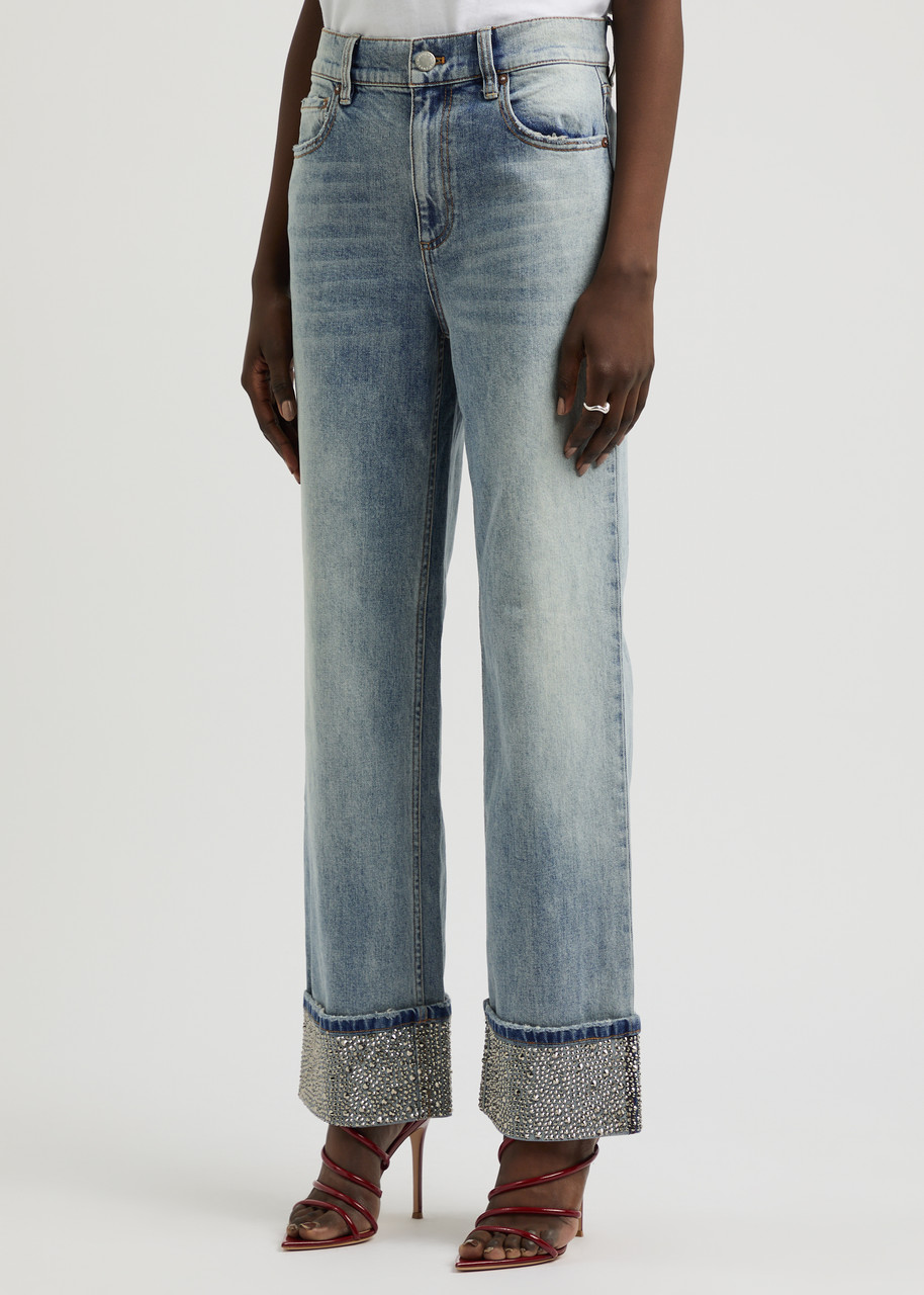 Alice And Olivia Weezy Embellished-cuff Jeans In Denim
