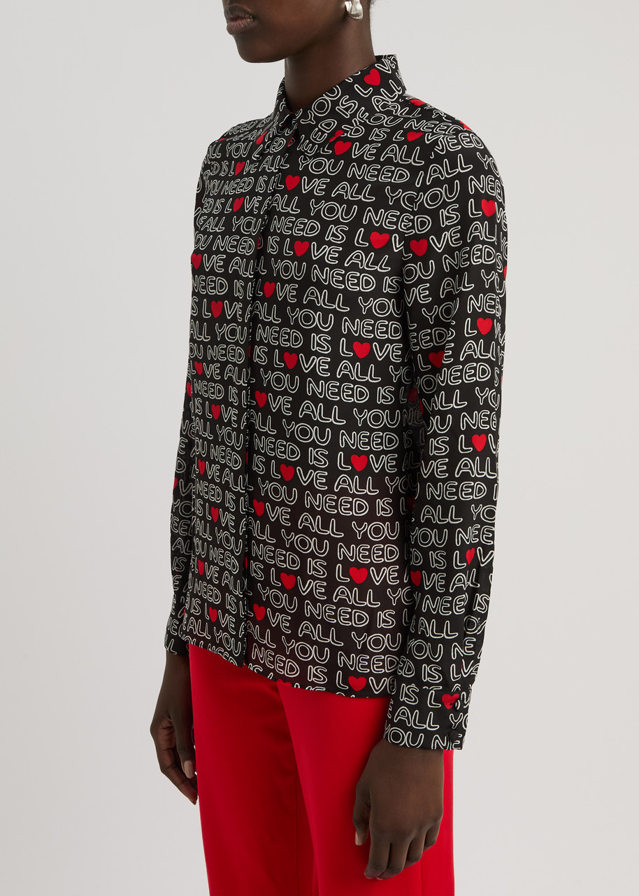 Alice And Olivia X The Beatles All You Need Is Love Willa Silk Placket Top In Black