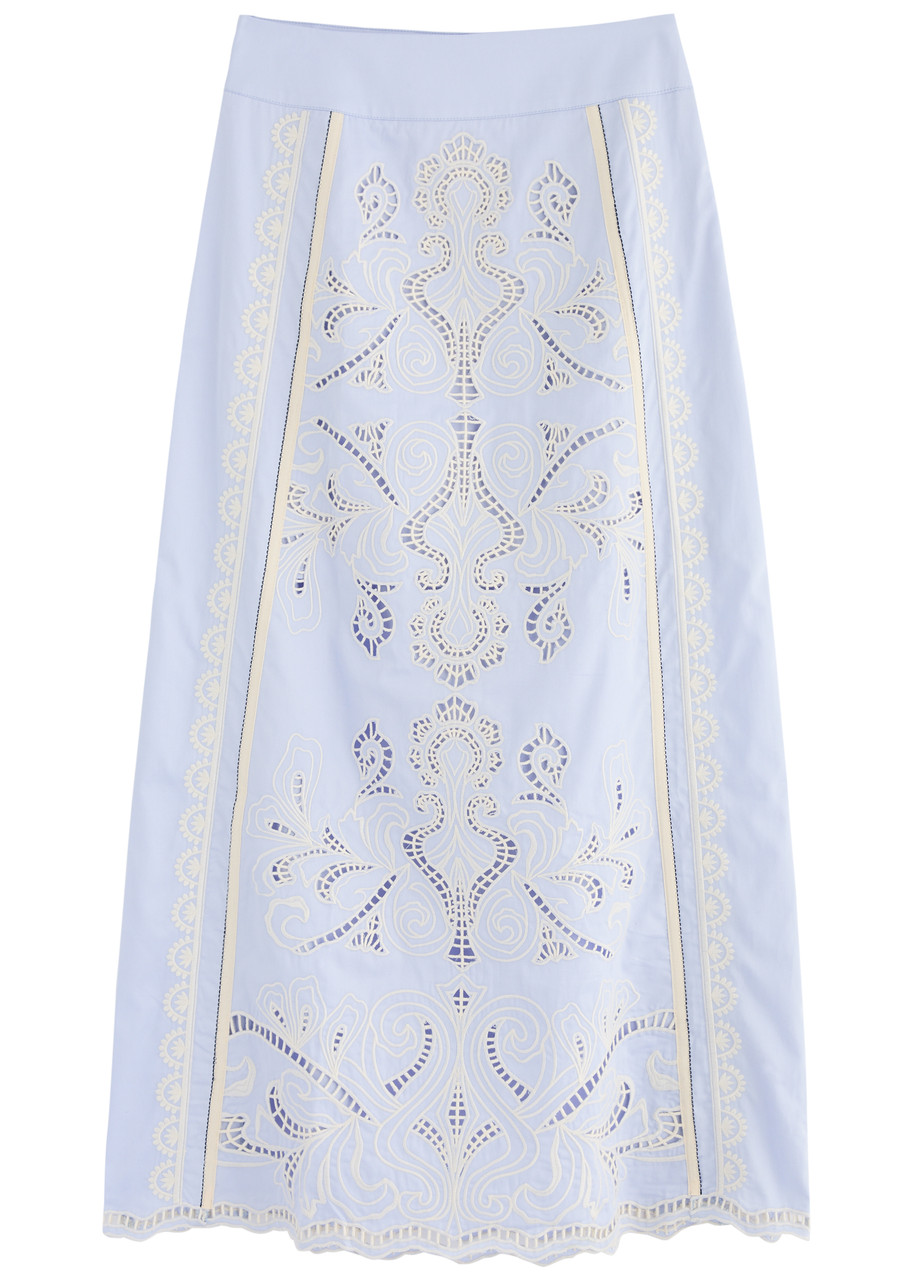 Lug Von Siga Rosalie Broderie Anglaise Cotton Poplin Midi Skirt - Blue - 36 (UK8 / S)