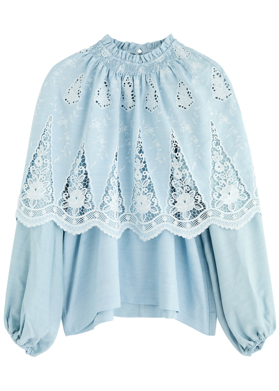 Lug Von Siga Artemis Broderie Anglaise Woven Cape Blouse - Light Blue - 40 (UK12 / M)