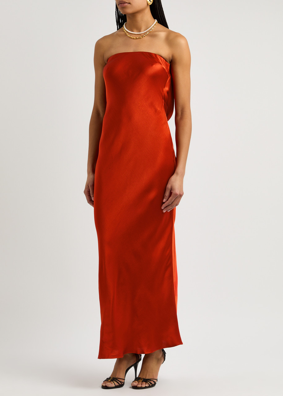 Bec & Bridge Moon Dance Strapless Satin Maxi Dress In Red