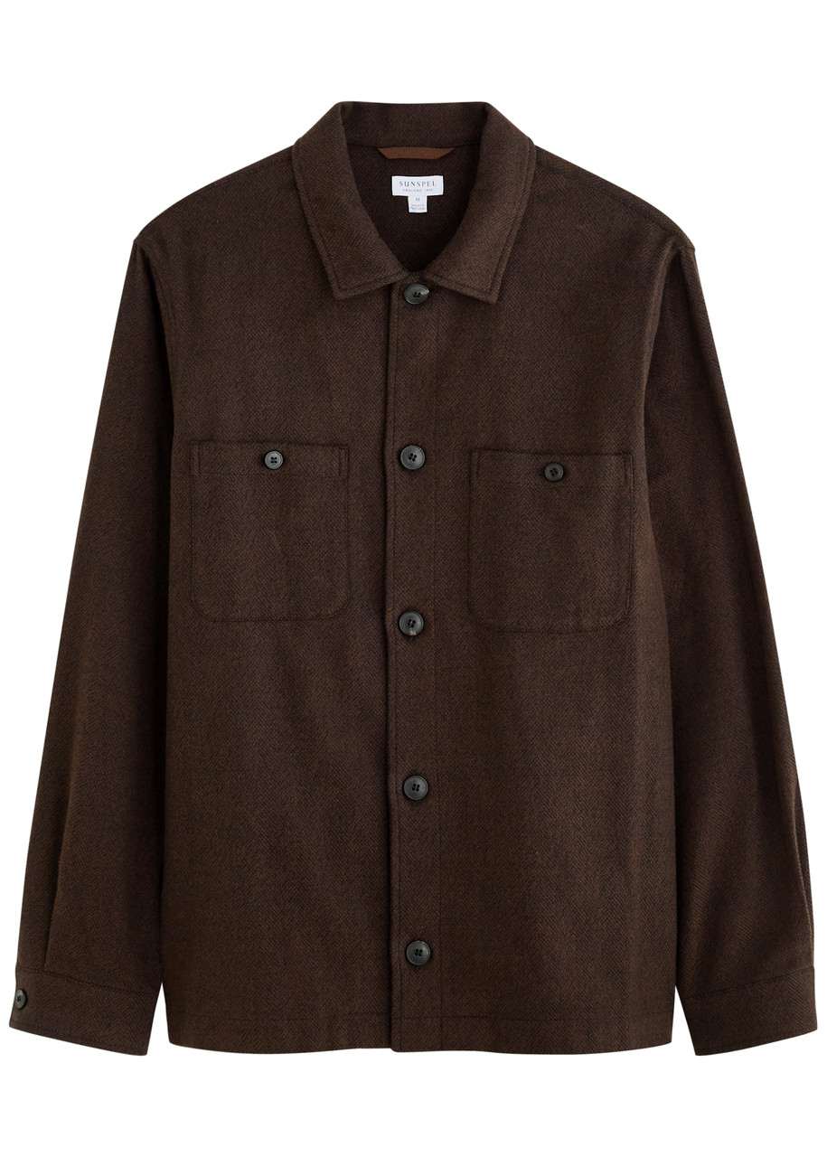 Sunspel Herringbone Brushed-cotton Overshirt In Brown