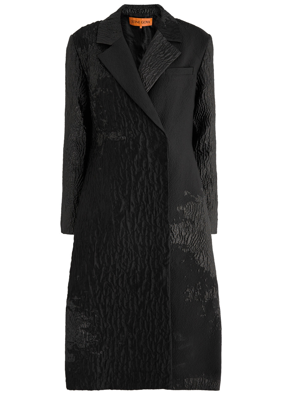 Stine Goya Panelled Metallic Cloque Coat In Black