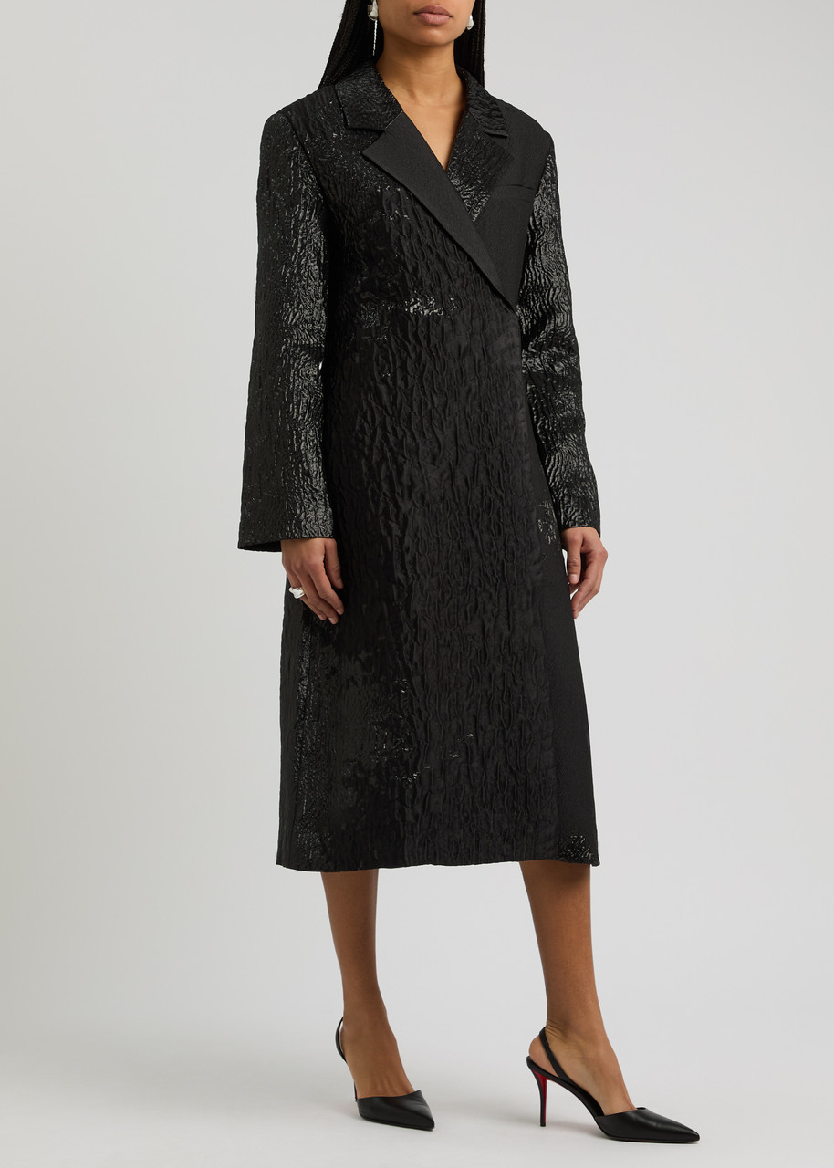 Stine Goya Panelled Metallic Cloque Coat In Black