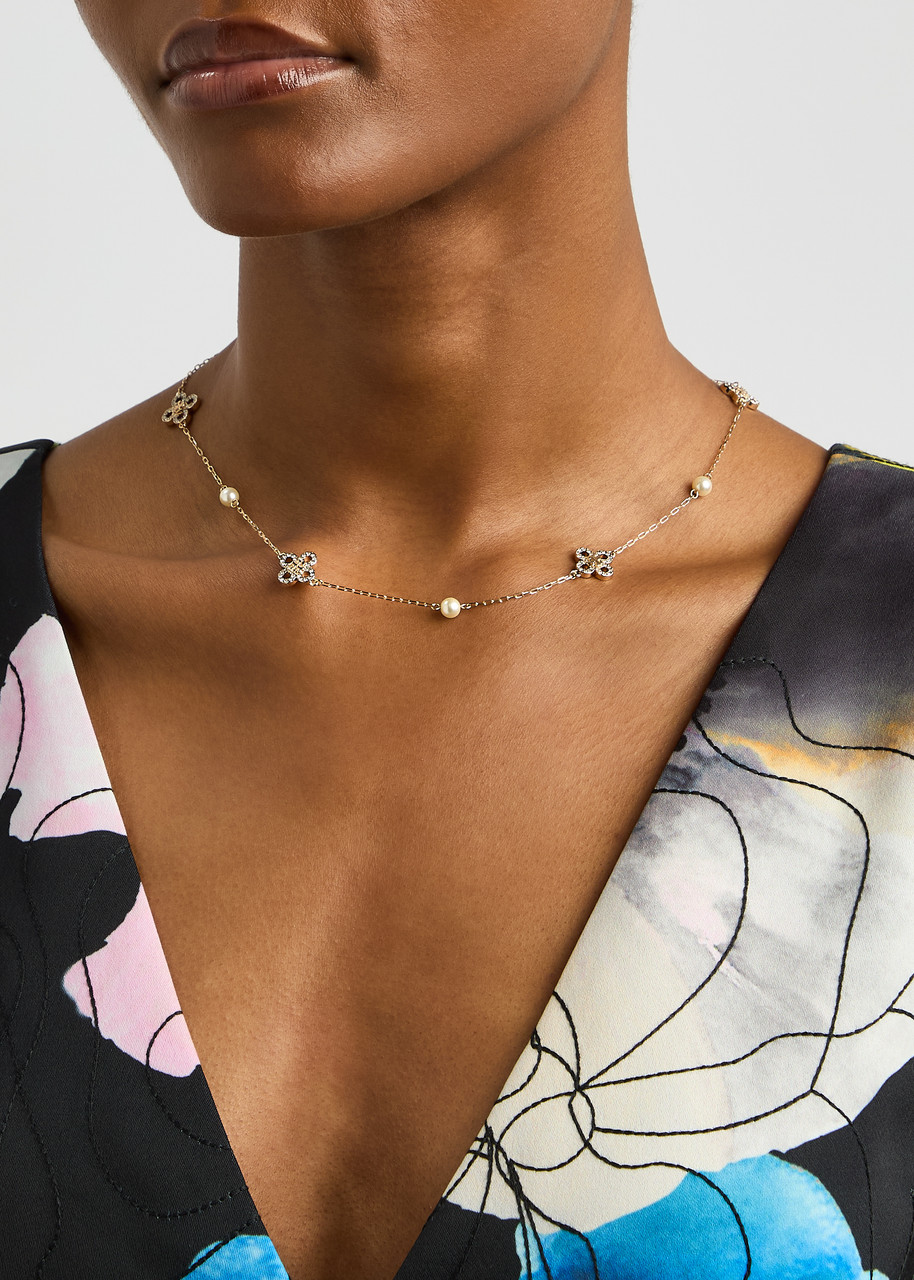 Tory Burch Kira Clover Embellished Necklace In Gold