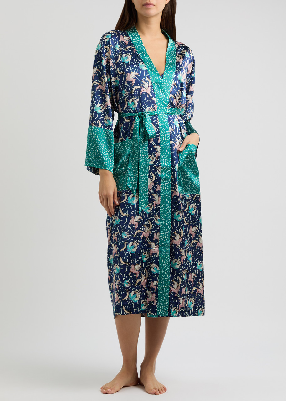 Jessica Russell Flint Pegasus Printed Stretch-silk Robe In Blue