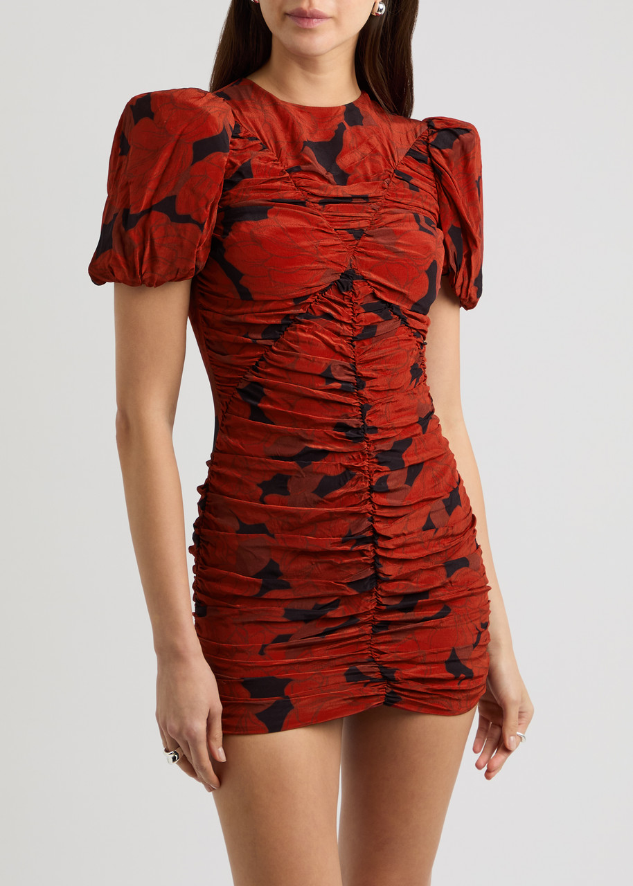 De La Vali Marceline Printed Ruched Mini Dress In Red