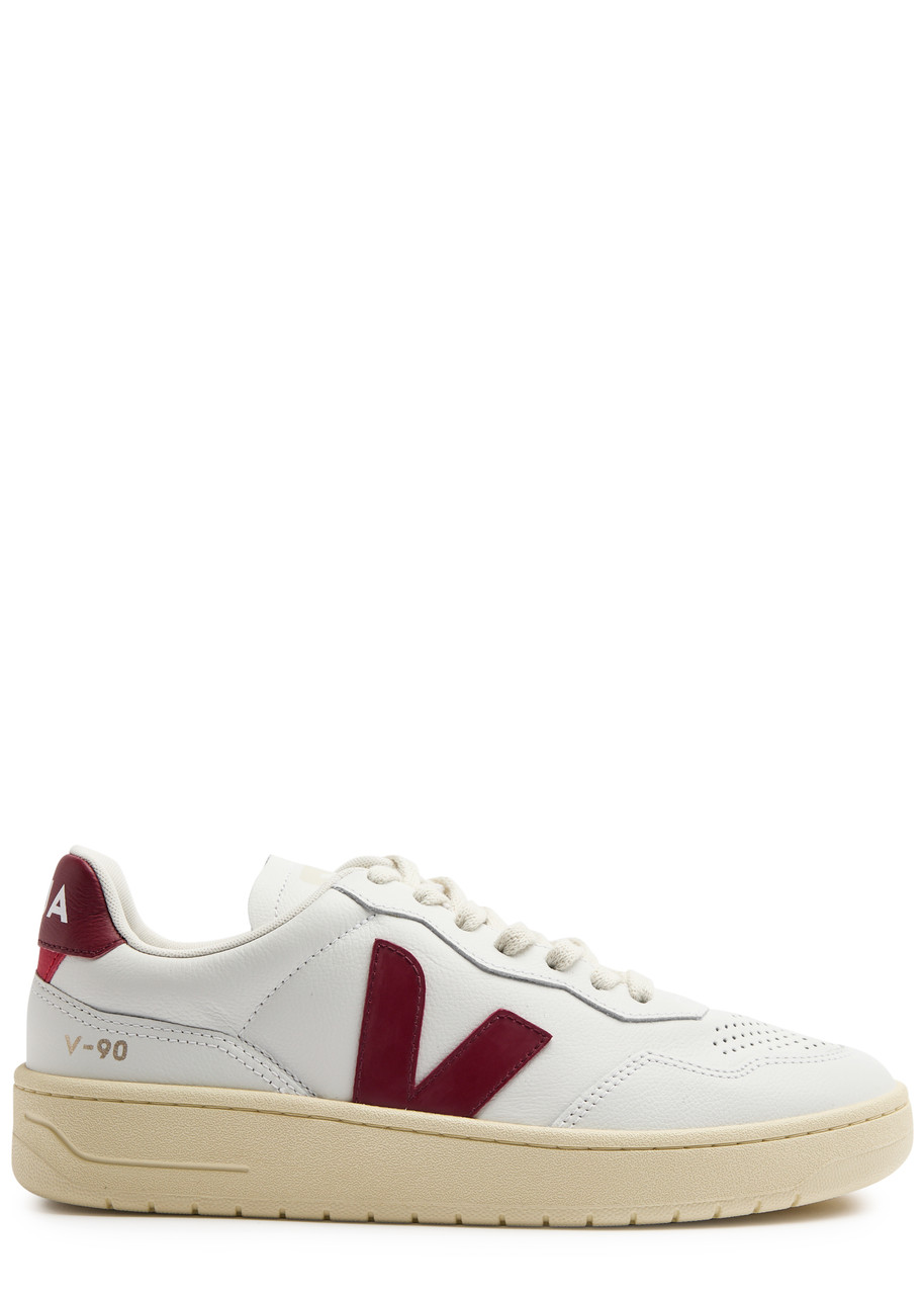 Veja V-90 Panelled Leather Sneakers In White And Red