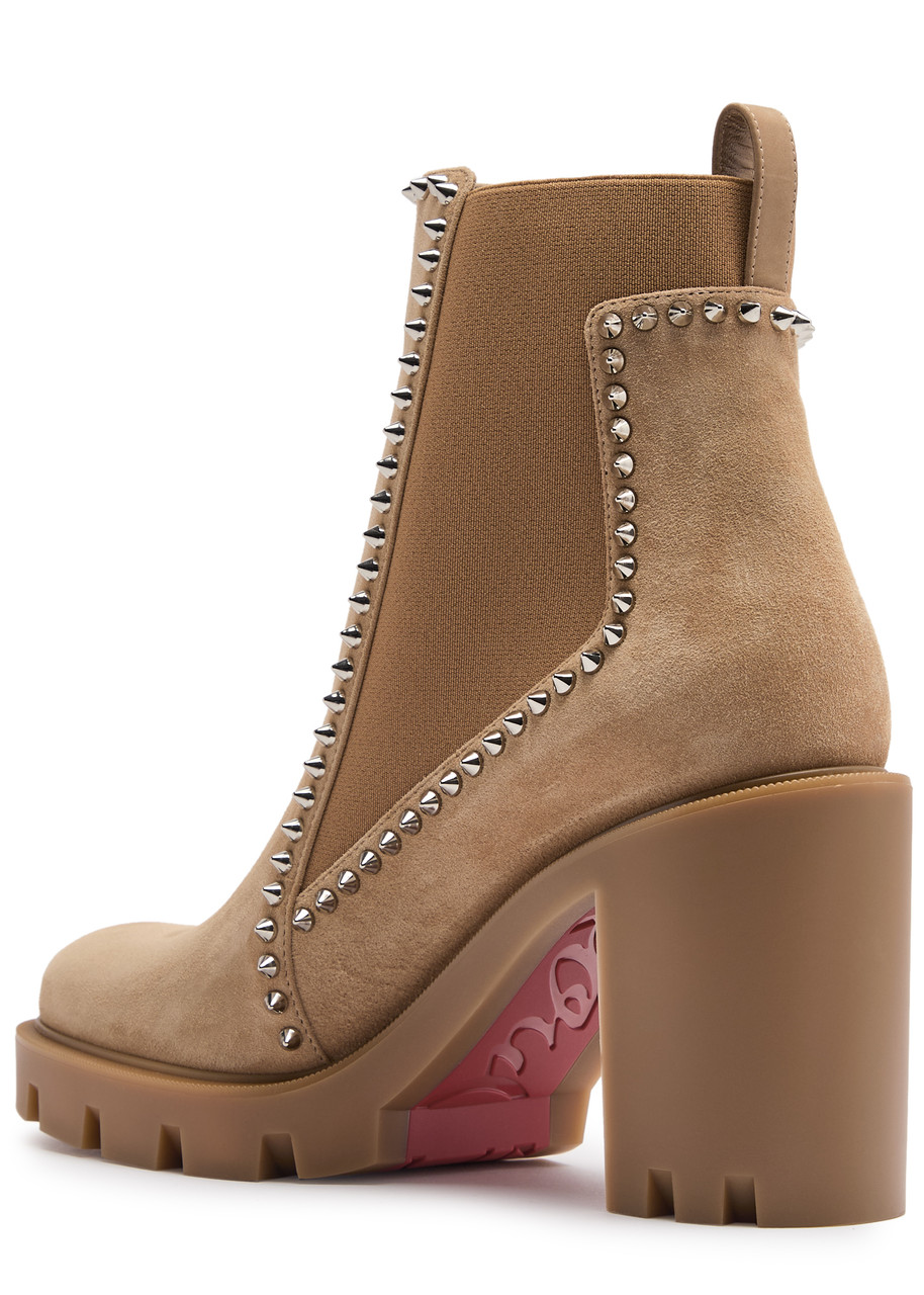 Christian Louboutin Spikes Suede Chelsea Red Sole Booties In Beige