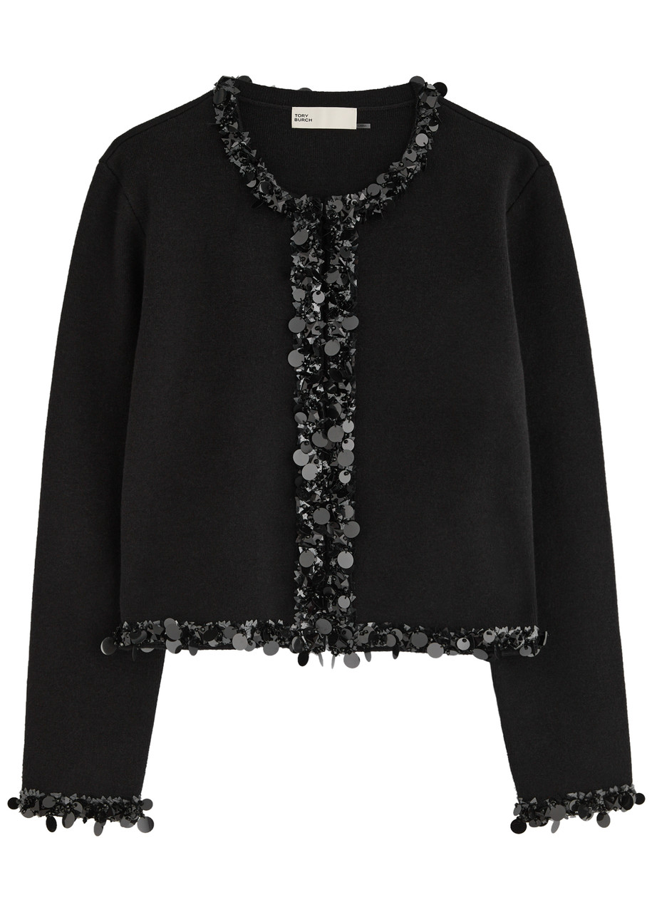 Tory Burch Kendra Embellished Wool-blend Cardigan - Black - L (UK14 / L)