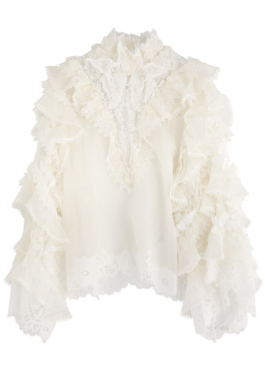 Zimmermann Crush Ruffled Linen-blend Blouse - Ivory - L (UK14 / L)