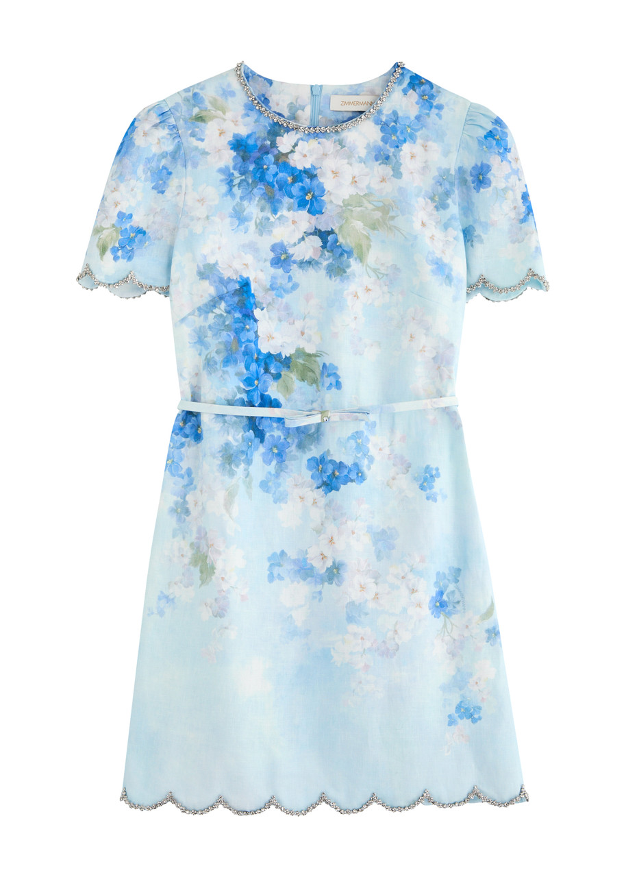 Zimmermann Crush Belted Crystal-embellished Scalloped Floral-print Linen Mini Dress In Multi Floral