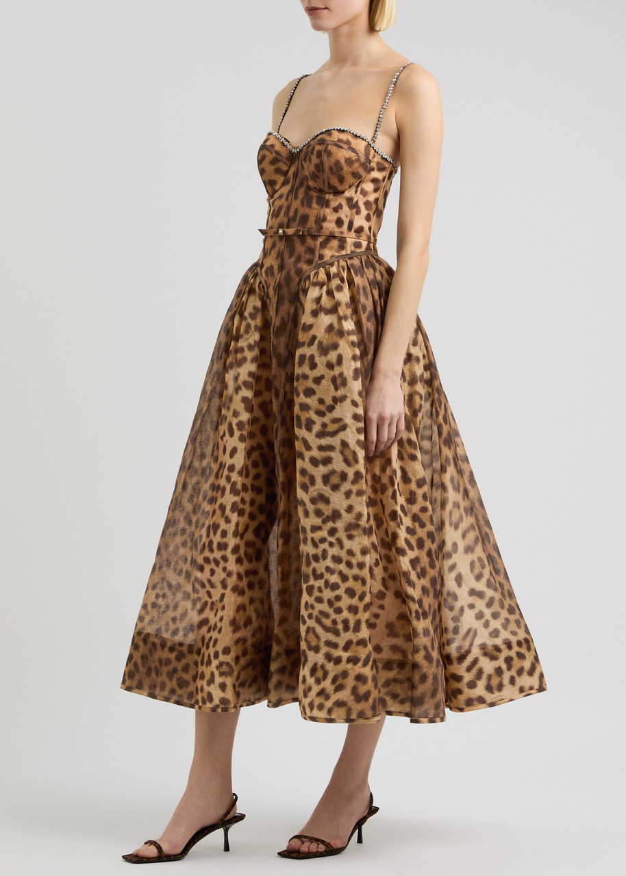  Zimmermann Crush Leopard-print Linen-blend Midi Dress - Multi Animal - 2 (uk 12 / M) 