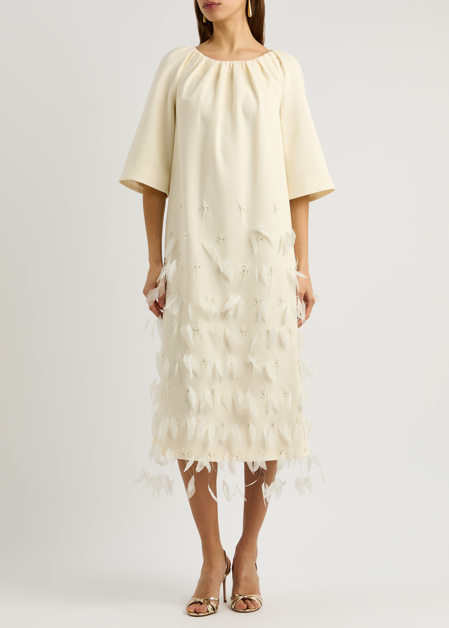 Huishan Zhang Kassia Feather-embellished Crepe Midi Dress In White