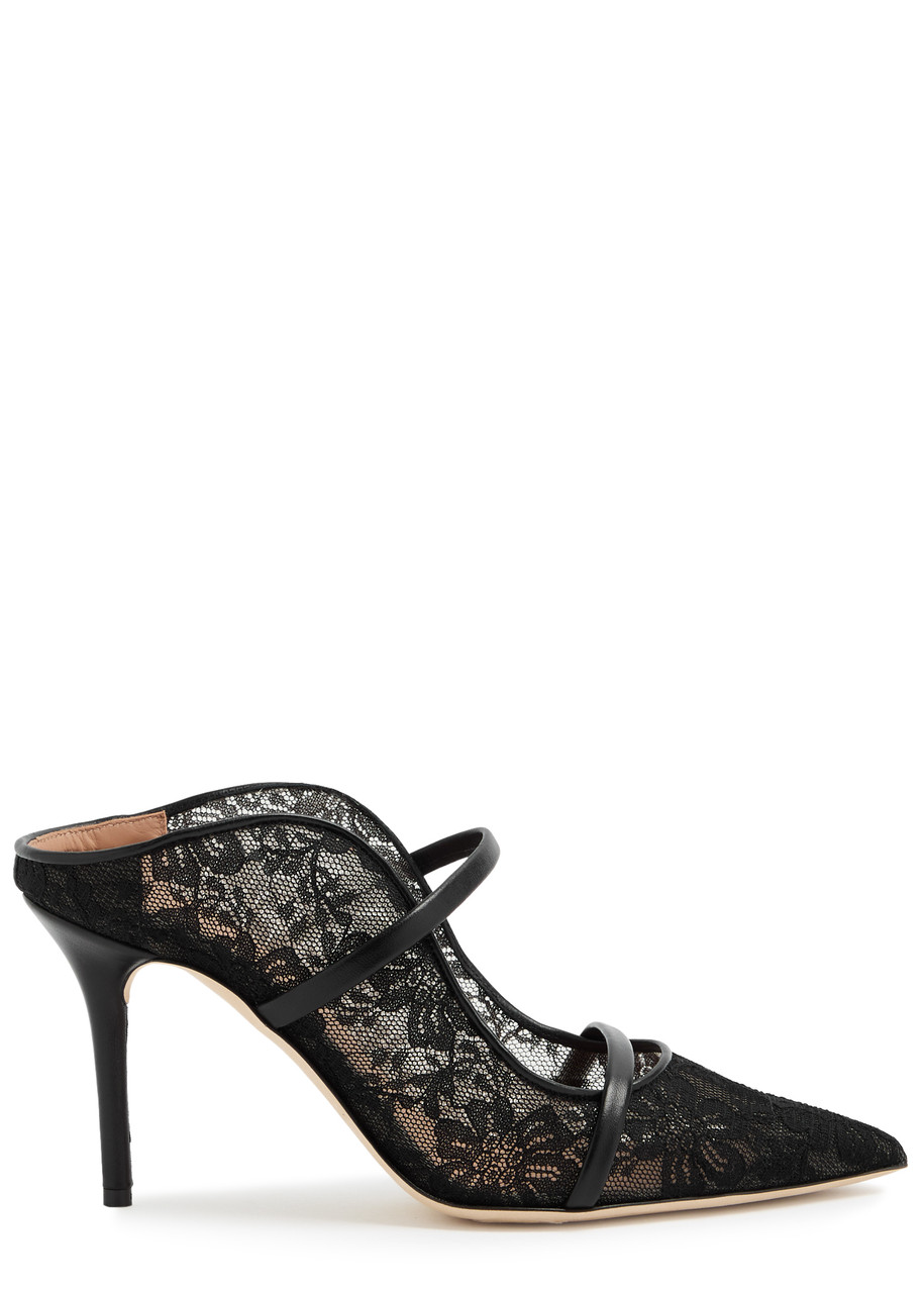 Malone Souliers Maureen 85 Leather-trimmed Lace Mules In Black