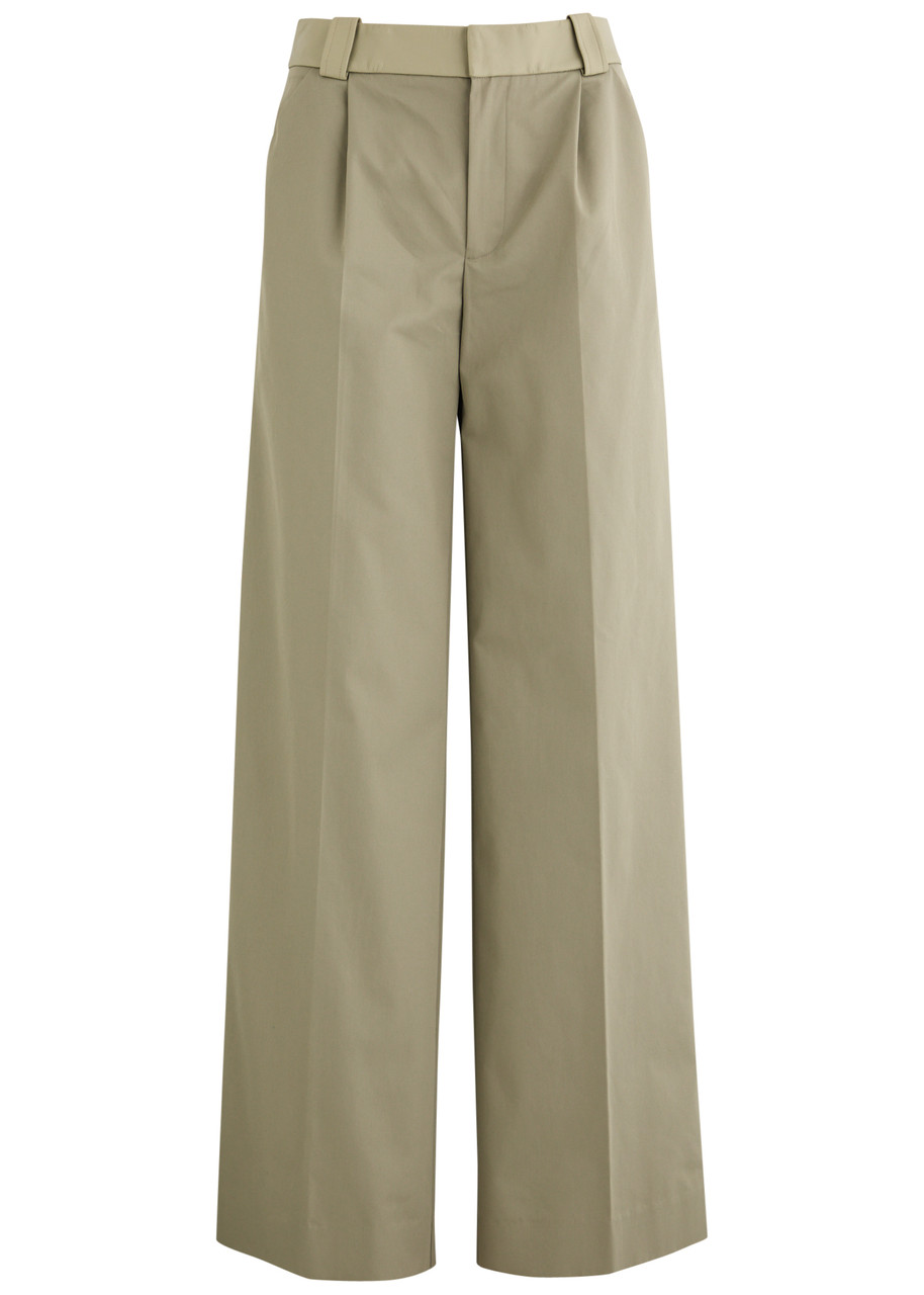 Christopher Esber Leather-trimmed Wide-leg Cotton-blend Trousers In Beige