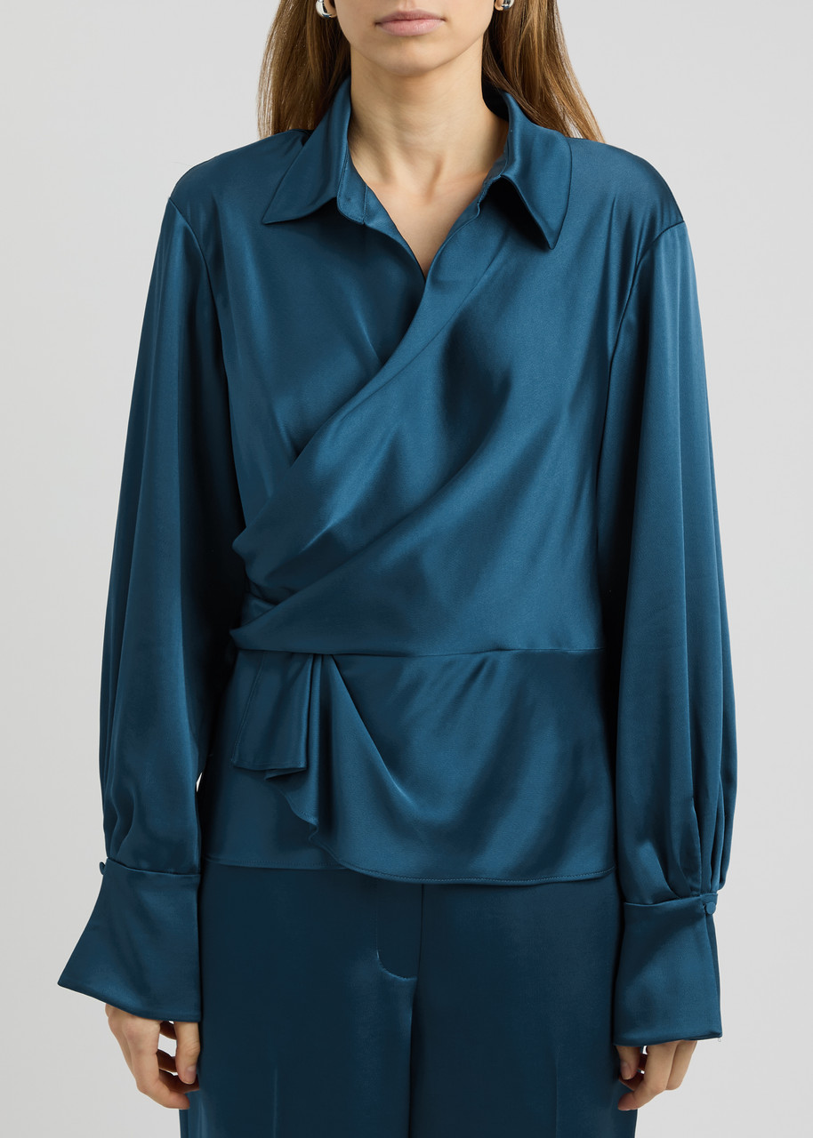 Simkhai Satin-finish Long-sleeve Blouse With Draped Front In Blue