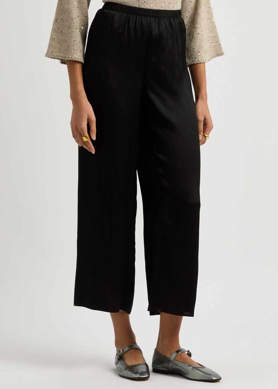 Eileen Fisher Cropped Wide-leg Silk Trousers In Black