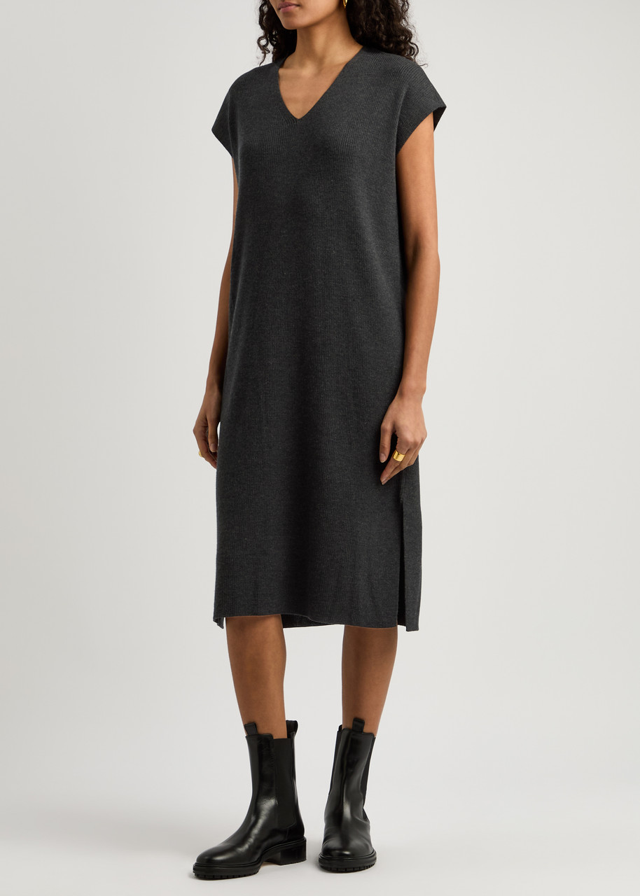 Eileen Fisher Ribbed Wool Midi Jumper Dress In Charcoal