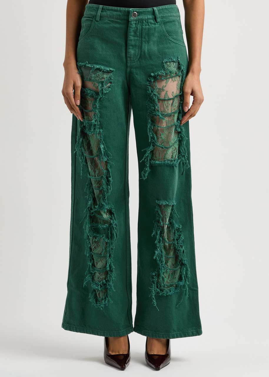Christopher Esber Arboreal Lace-panelled Wide-leg Jeans In Green