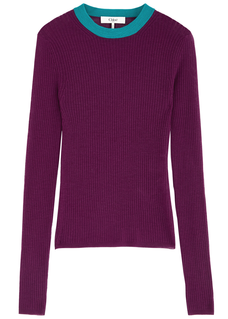 Chloe Ribbed Semi-sheer Wool Jumper - Purple - S (UK8-10 / S)