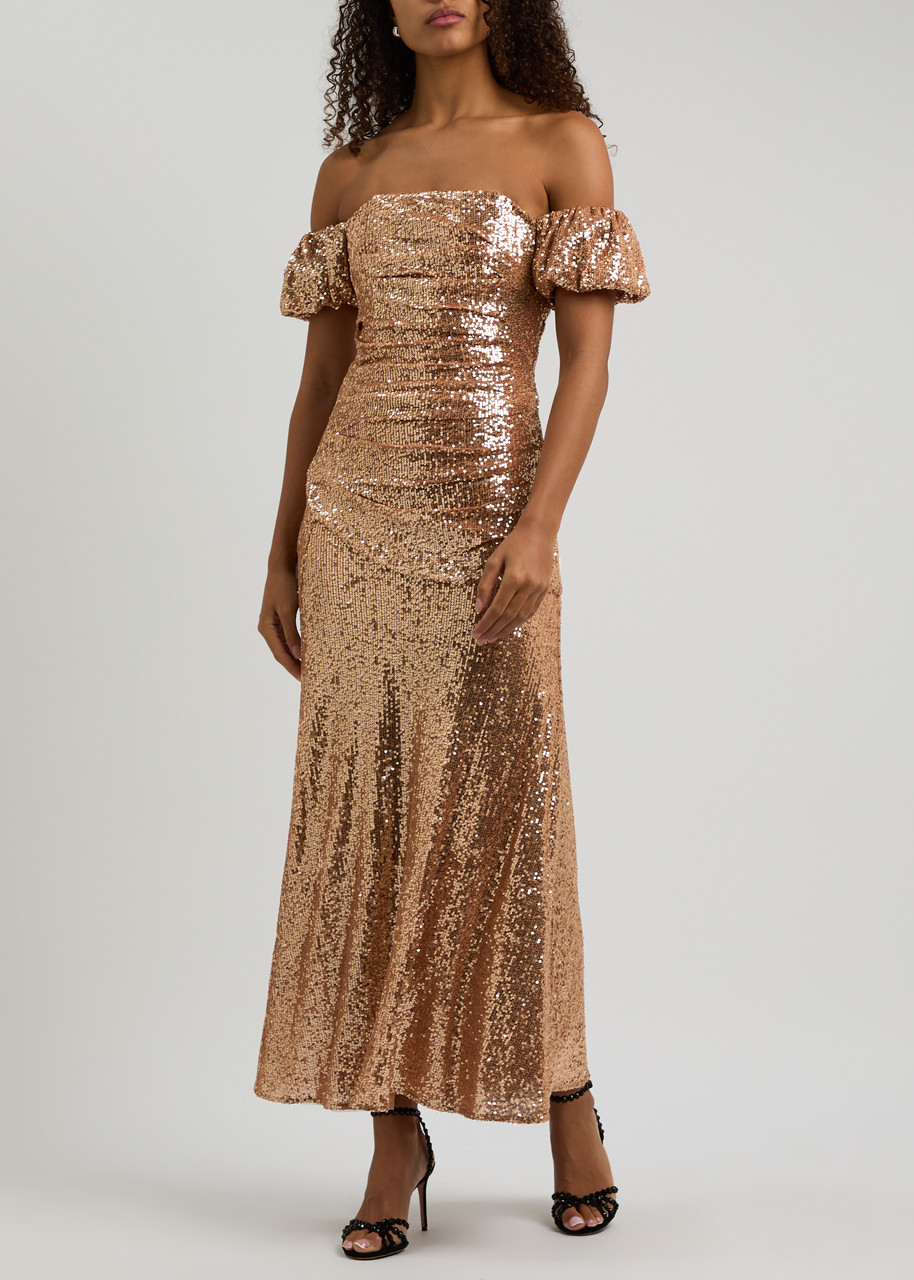 NEEDLE & THREAD NEEDLE & THREAD SUNBEAM VALENTINA SEQUIN-EMBELLISHED OFF-THE-SHOULDER TULLE GOWN